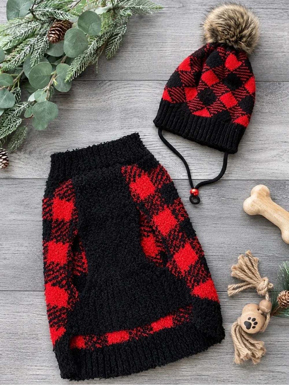 New Buffalo Plaid Dog Sweater & Pom-Pom Hat Set Size: Medium